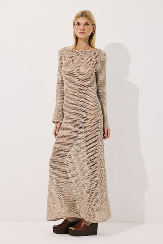 Yolanda Handmade Sequin Button-Back Knit Maxi Dress Beige