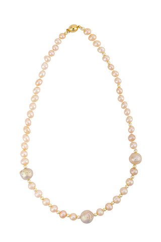 Pink Freshwater and Biwa Pearl Necklace with Gold Beads
