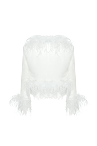 Ritzy Ostrich Feather Detail Chiffon Blouse Cream