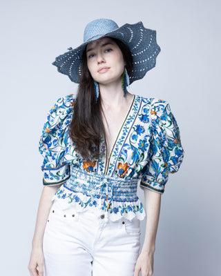 Sara 4.5" Wide Brim Woven Raffia Straw Sun Hats with Zigzag Edge