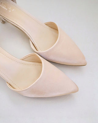 Satin Pointy Toe Kitten Low Heel with Perla Ankle Strap