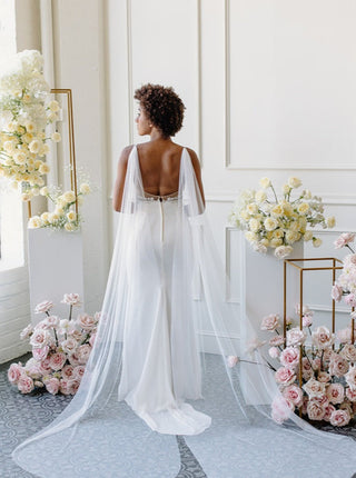 Tailored Tulle Bridal Wings, cathedral bridal cape at Mae Bridal