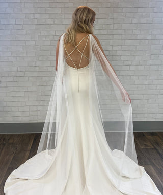 English net cape veil at Mae Bridal, the Tailored Tulle Bridal Wings, hand sewn in Portland, Oregon