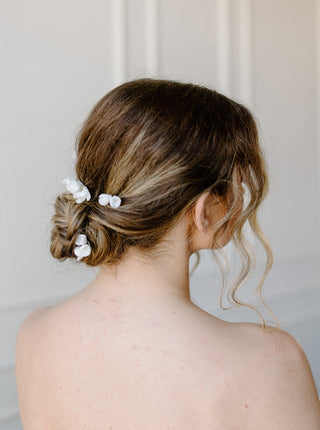 Tailored Tulle Ceramic Flower Hair Pins at Mae Bridal, ceramic flower hair pins, bridal hair combs, wedding hair accessories