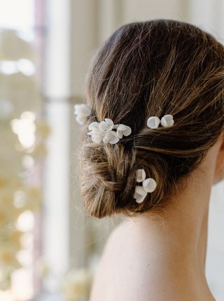 Tailored Tulle Ceramic Flower Hair Pins, wedding hair accessories at Mae Bridal