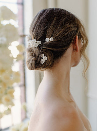 Ceramic Flower Hair Pins from Tailored Tulle at Mae Bridal, ceramic flower hair pins, bridal hair combs, wedding hair accessories