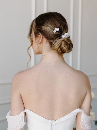 Tailored Tulle Ceramic Flower Hair Pins at Mae Bridal, made to order, bridal hair combs, ceramic flower hair pins