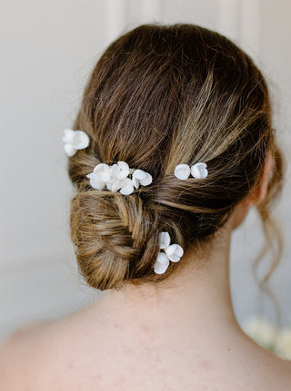 Tailored Tulle Ceramic Flower Hair Pins at Mae Bridal, ceramic flower hair pins, bridal hair combs, wedding hair accessories, hand sewn in Portland, Oregon