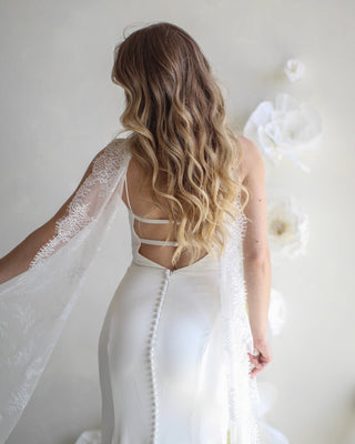 Tailored Tulle Delicate Lace Bridal Scarf at Mae Bridal, lace bridal scarf, chantilly lace scarf, bridal neck scarf
