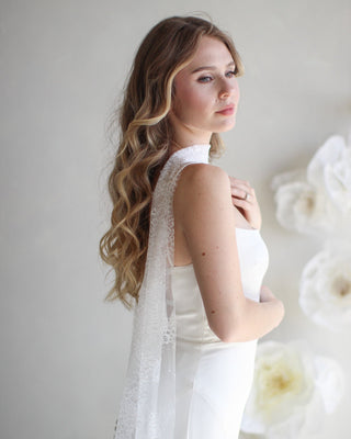 Delicate Lace Bridal Scarf by Tailored Tulle at Mae Bridal, lace bridal scarf, chantilly lace scarf