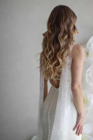 Chantilly lace scarf at Mae Bridal, the Tailored Tulle Delicate Lace Bridal Scarf