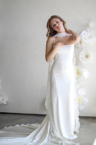 Delicate Lace Bridal Scarf from Tailored Tulle at Mae Bridal, lace bridal scarf, chantilly lace scarf, bridal neck scarf