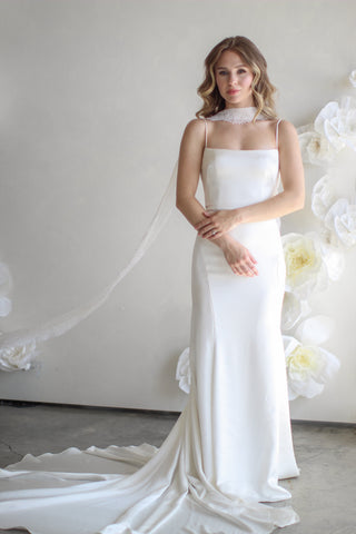 Tailored Tulle Delicate Lace Bridal Scarf at Mae Bridal, lace bridal scarf, chantilly lace scarf, bridal neck scarf, hand sewn in Portland, Oregon