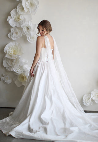 Delicate Lace Bridal Scarf by Tailored Tulle at Mae Bridal, lace bridal scarf, chantilly lace scarf, hand sewn in Portland, Oregon