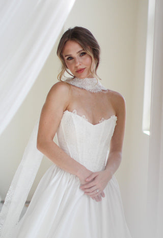 Chantilly lace scarf at Mae Bridal, the Tailored Tulle Delicate Lace Bridal Scarf, hand sewn in Portland, Oregon