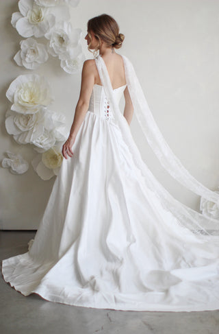 Delicate Lace Bridal Scarf from Tailored Tulle at Mae Bridal, lace bridal scarf, chantilly lace scarf, bridal neck scarf, hand sewn in Portland, Oregon