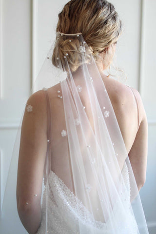 Tailored Tulle Delicate Pearl and Flower Wedding Veil at Mae Bridal, pearl and flower veil, floral wedding veil, delicate bridal veil