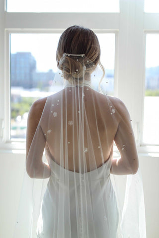 Delicate Pearl and Flower Wedding Veil by Tailored Tulle at Mae Bridal, pearl and flower veil, floral wedding veil