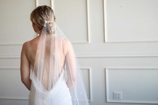 Floral wedding veil at Mae Bridal, the Tailored Tulle Delicate Pearl and Flower Wedding Veil