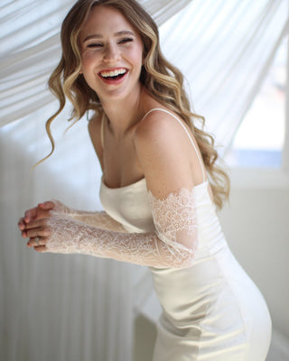 Detachable bridal sleeves at Mae Bridal, the Tailored Tulle Delicate Vintage Lace Sleeves