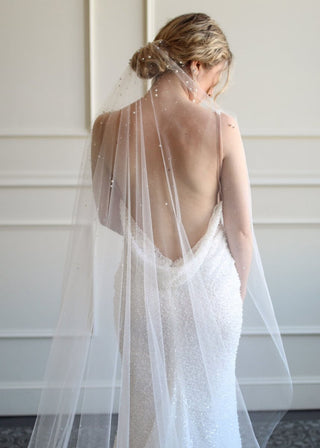 Tailored Tulle Dew Drop and Pearl Veil at Mae Bridal, dew drop and pearl veil, pearl crystal wedding veil, dew drop bridal veil