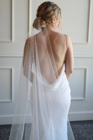 Pearl crystal wedding veil at Mae Bridal, the Tailored Tulle Dew Drop and Pearl Veil