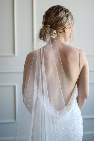 Tailored Tulle Dew Drop and Pearl Veil at Mae Bridal, made to order, pearl crystal wedding veil, dew drop and pearl veil