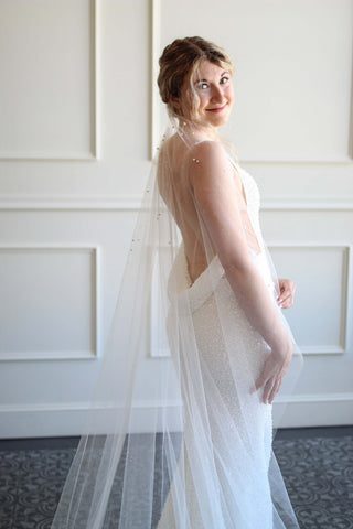 Tailored Tulle Dew Drop and Pearl Veil at Mae Bridal, dew drop and pearl veil, pearl crystal wedding veil, dew drop bridal veil, hand sewn in Portland, Oregon