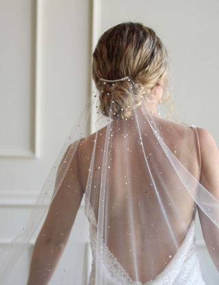 Dew Drop and Pearl Veil by Tailored Tulle at Mae Bridal, dew drop and pearl veil, pearl crystal wedding veil, hand sewn in Portland, Oregon