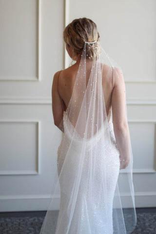 Pearl crystal wedding veil at Mae Bridal, the Tailored Tulle Dew Drop and Pearl Veil, hand sewn in Portland, Oregon