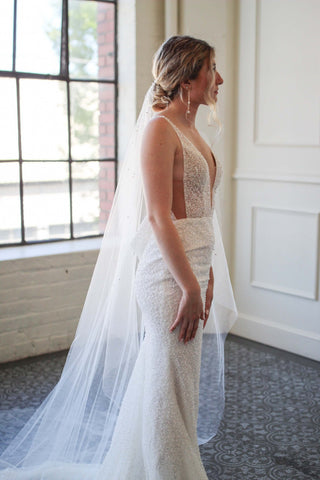 Tailored Tulle Dew Drop and Pearl Veil, dew drop bridal veil at Mae Bridal, hand sewn in Portland, Oregon