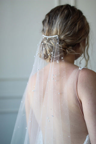 Dew Drop and Pearl Veil from Tailored Tulle at Mae Bridal, dew drop and pearl veil, pearl crystal wedding veil, dew drop bridal veil, hand sewn in Portland, Oregon