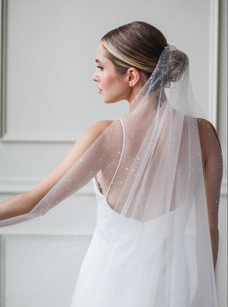Crystal drop wedding veil at Mae Bridal, the Tailored Tulle Dew Droplet Drop Veil