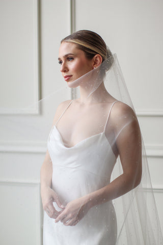 Tailored Tulle Dew Droplet Drop Veil at Mae Bridal, made to order, crystal drop wedding veil, dew droplet drop veil