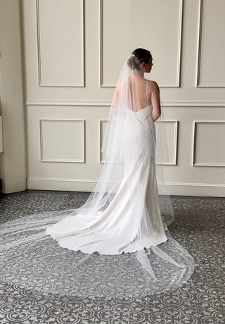 Tailored Tulle Dew Droplet Drop Veil at Mae Bridal, dew droplet drop veil, crystal drop wedding veil, dew drop bridal veil, hand sewn in Portland, Oregon