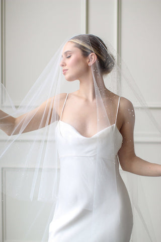 Dew Droplet Drop Veil by Tailored Tulle at Mae Bridal, dew droplet drop veil, crystal drop wedding veil, hand sewn in Portland, Oregon