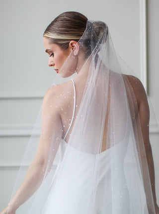 Crystal drop wedding veil at Mae Bridal, the Tailored Tulle Dew Droplet Drop Veil, hand sewn in Portland, Oregon