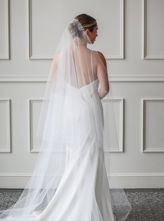 Tailored Tulle Dew Droplet Drop Veil, dew drop bridal veil at Mae Bridal, hand sewn in Portland, Oregon