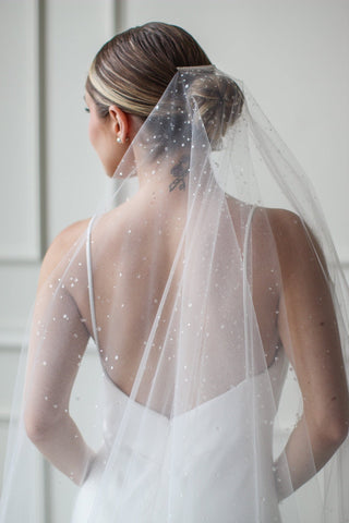 Dew Droplet Drop Veil from Tailored Tulle at Mae Bridal, dew droplet drop veil, crystal drop wedding veil, dew drop bridal veil, hand sewn in Portland, Oregon