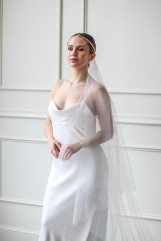Tailored Tulle Dew Droplet Drop Veil at Mae Bridal, made to order, crystal drop wedding veil, dew droplet drop veil, hand sewn in Portland, Oregon