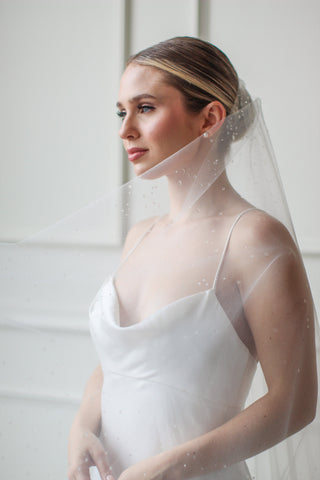 Tailored Tulle Dew Droplet Drop Veil at Mae Bridal, dew droplet drop veil, crystal drop wedding veil, dew drop bridal veil, made to order