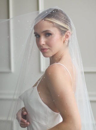 Crystal drop wedding veil at Mae Bridal, the Tailored Tulle Dew Droplet Drop Veil, made to order