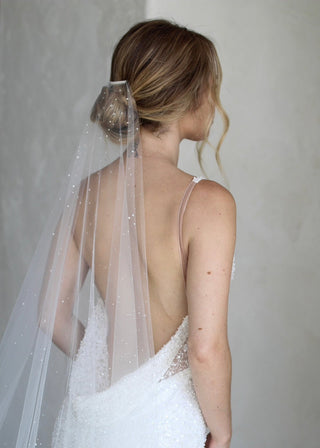 Tailored Tulle Dew Droplet Veil at Mae Bridal, dew droplet veil, crystal wedding veil, dew drop bridal veil