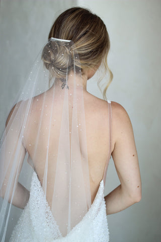 Crystal wedding veil at Mae Bridal, the Tailored Tulle Dew Droplet Veil