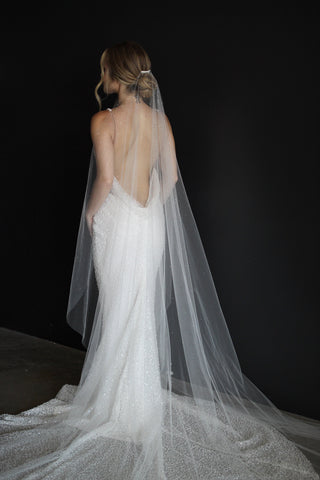 Crystal wedding veil at Mae Bridal, the Tailored Tulle Dew Droplet Veil, hand sewn in Portland, Oregon