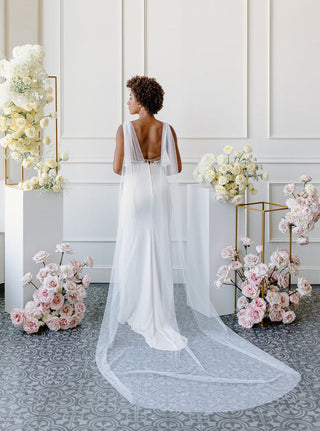 Wedding cape veil at Mae Bridal, the Tailored Tulle English Net Bridal Cape