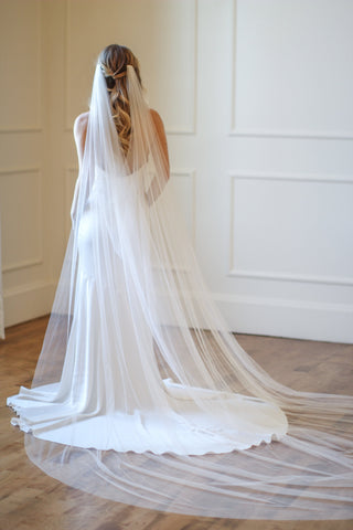 Tailored Tulle English Net Draped Veil at Mae Bridal, english net veil, draped wedding veil, cathedral wedding veil