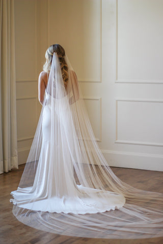 Draped wedding veil at Mae Bridal, the Tailored Tulle English Net Draped Veil