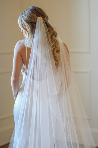 Tailored Tulle English Net Draped Veil at Mae Bridal, made to order, draped wedding veil, english net veil