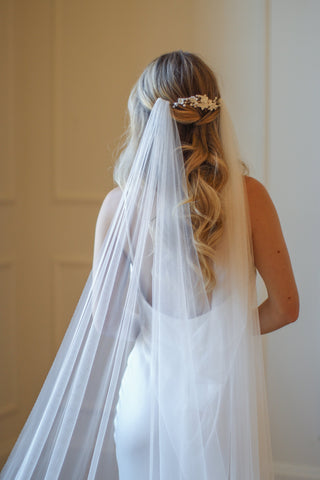 Tailored Tulle English Net Draped Veil at Mae Bridal, english net veil, draped wedding veil, cathedral wedding veil, hand sewn in Portland, Oregon